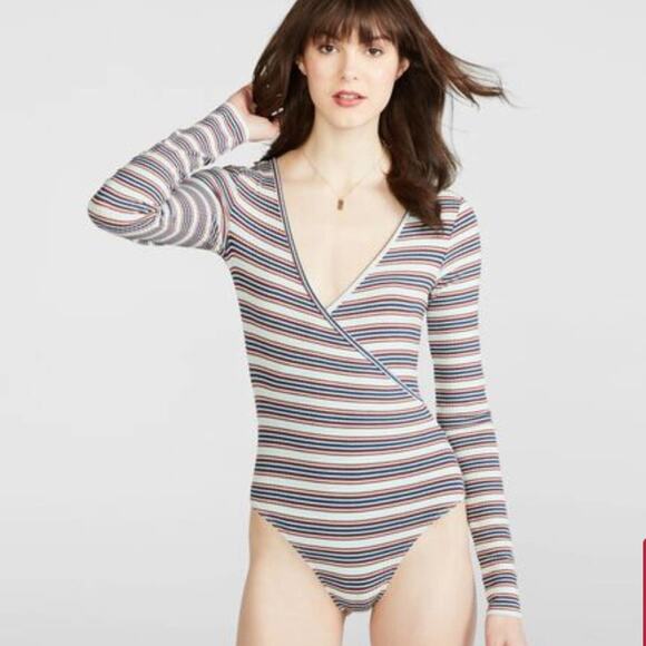 Cape Juby Tops - Cape Juby Blue & Red Striped Long Sleeve Bodysuit